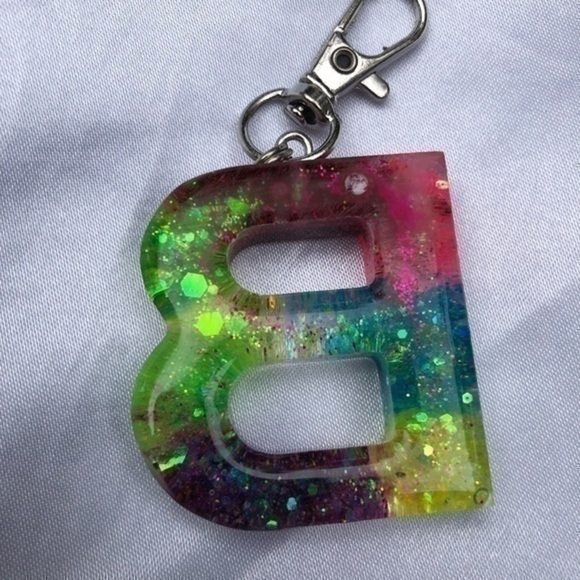 Handmade B Multicolor Resin Glitter Key Chain Charm Personalized Initial Gift - Picture 3 of 4